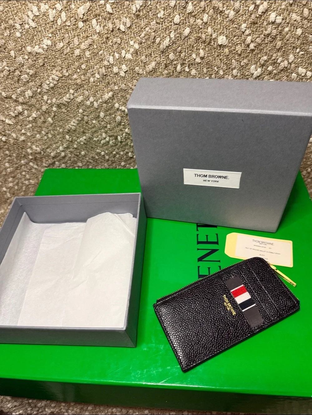 Thom Browne Black Leather Card Case with Red White Navy Stripe